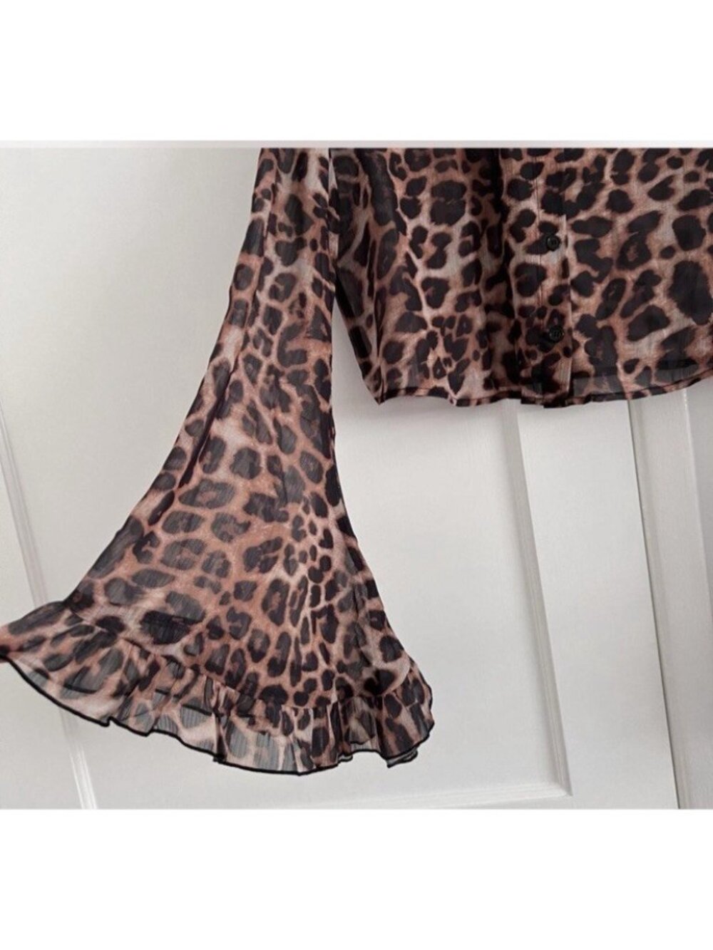 lala Sheer Leopard Print Chiffon Bell Sleeve Ruffle Blouse, S - Picture 3 of 3